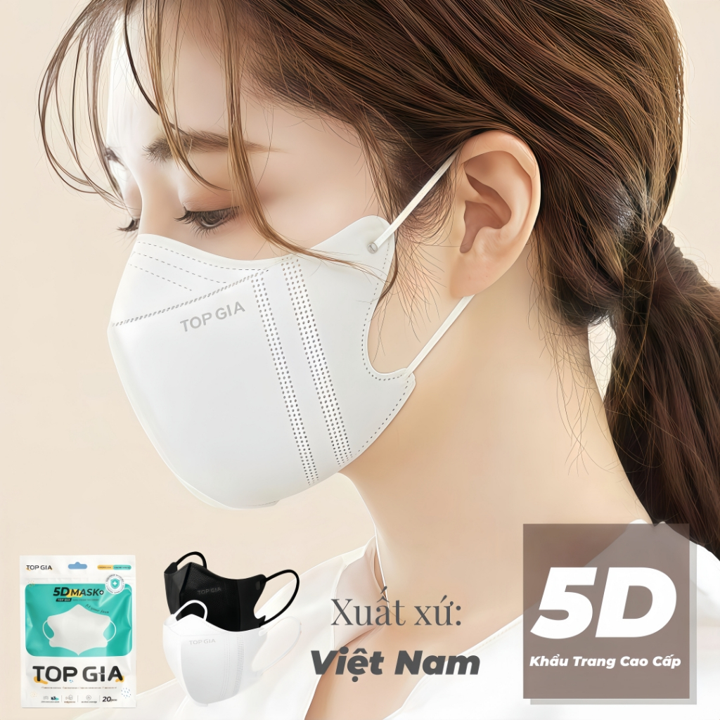 Khẩu Trang 5D TopGia Cao Cấp Chống Tia UV, Ngăn Bụi Mịn, Thoáng Khí, Kháng Khuẩn An Toàn