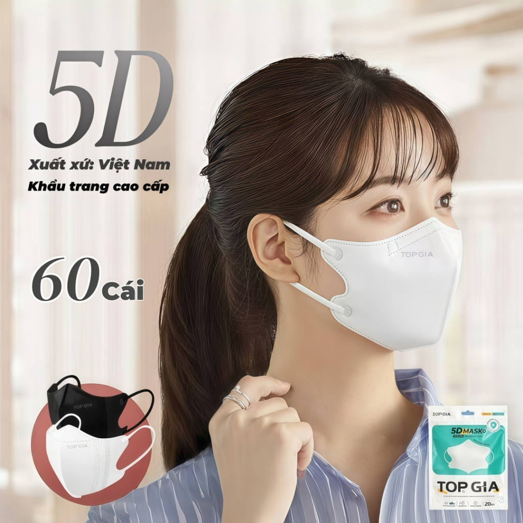 Khẩu Trang 5D TopGia Cao Cấp Chống Tia UV, Ngăn Bụi Mịn, Thoáng Khí, Kháng Khuẩn An Toàn