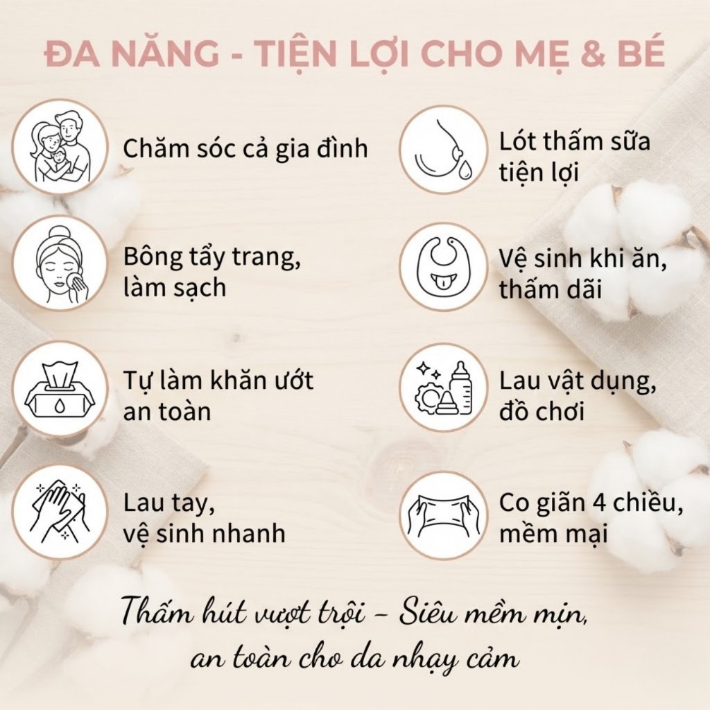 Khăn Khô Đa Năng Babi1 Nhãn Hồng - Vải Không Dệt Không Xơ Bông (Gói 195 Tờ)