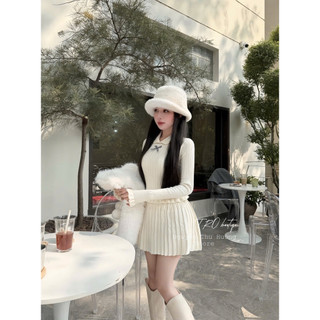 Set 3 Món: Áo Len Bèo Nơ + Chân Váy Xếp Ly + Gile Lông Cục Bông QC