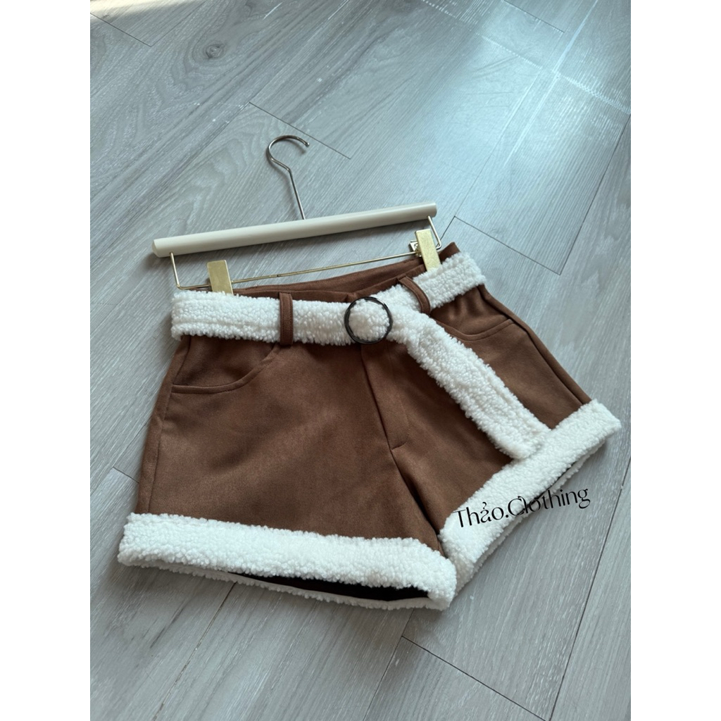 Quần Short Chất Da Lộn Phối Lông Xù Kèm Belt Lông ( Belt Lông Trang Trí )