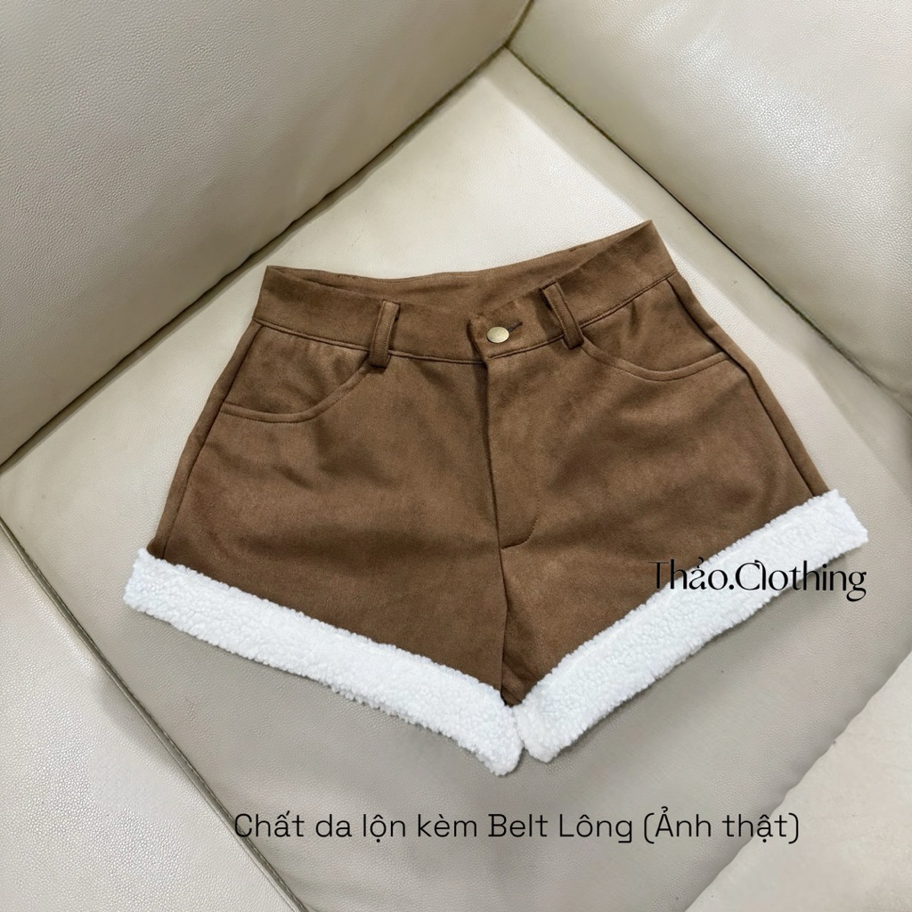 Quần Short Chất Da Lộn Phối Lông Xù Kèm Belt Lông ( Belt Lông Trang Trí )