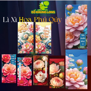 Combo10 Bao Lì Xì Truyền Thống BỐ KHỦNG LONG Hoa Lá Phú Qúy Cát Tường Tết Đỏ Chất Liệu Cao Cấp