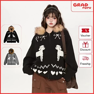 Áo khoác len nữ GRADPOPU mủ trùm có cổ lông lớn tháo rời cao cấp kiểu dáng thoải mái AK370