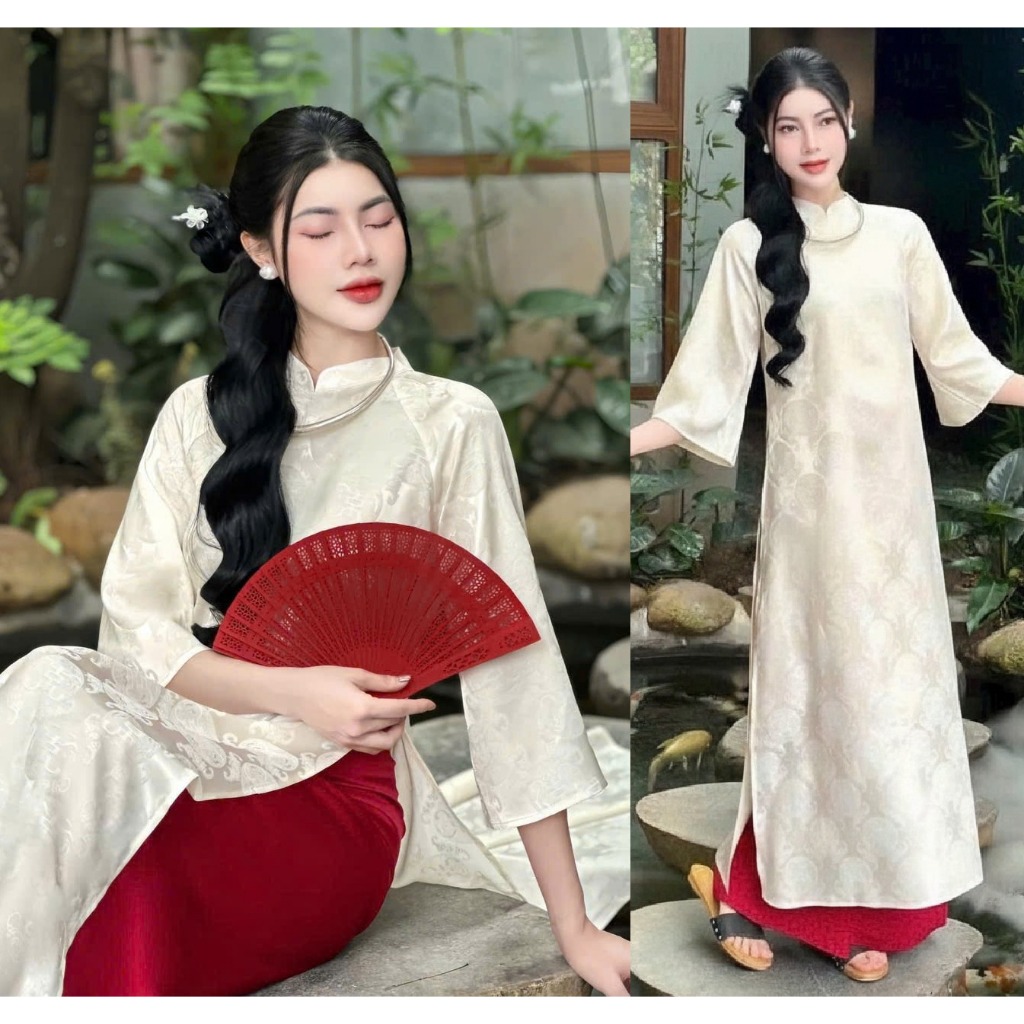 Set Áo dài cách tân dáng suông gấm thọ cổ cao tay lỡ basic nhiều màu Quần ống rộng lụa mỹ truyền thống mặc Lễ Tết T1455G