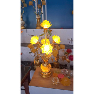 Set 2 Đèn Thờ Hoa Sen Lưu Ly 5 Bông Mạ Vàng Nano, Đèn Bình Sen Lưu Ly Hoàng Gia LED Cao Cấp