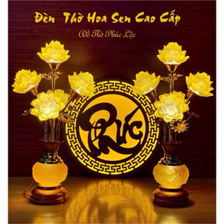 Set 2 Đèn Thờ Hoa Sen Lưu Ly 5 Bông Mạ Vàng Nano, Đèn Bình Sen Lưu Ly Hoàng Gia LED Cao Cấp