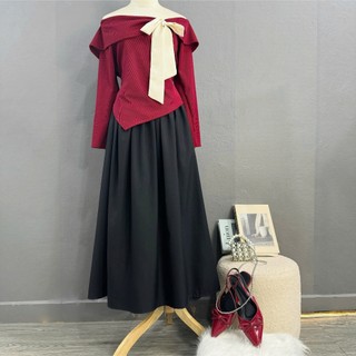 Set Áo Váy Bigsize Nữ Áo Kiểu Trễ Vai Phối Nơ Tay Dài Mix Chân Váy Midi Tiểu Thư A342+CV414/CV15