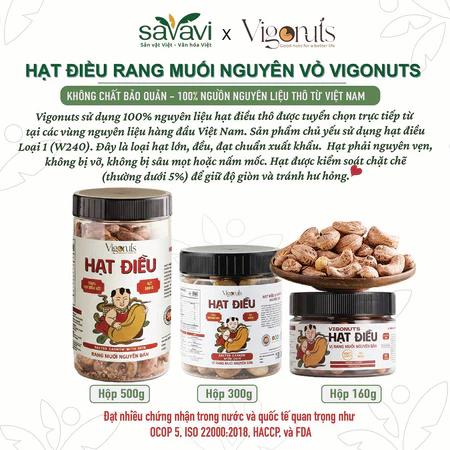 Hạt điều RANG MỘC bóc vỏ và RANG MUỐI nguyên vỏ Vigonuts | Điều Việt Nam loại 1