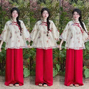 Set bộ nữ tơ thêu cao cấp quần satin ống suông dáng rộng mặc Tết đi chơi sang