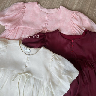 Elium Top | Áo babydoll tay phồng phối nút chất tơ phong cách Hàn Quốc | Bymintt