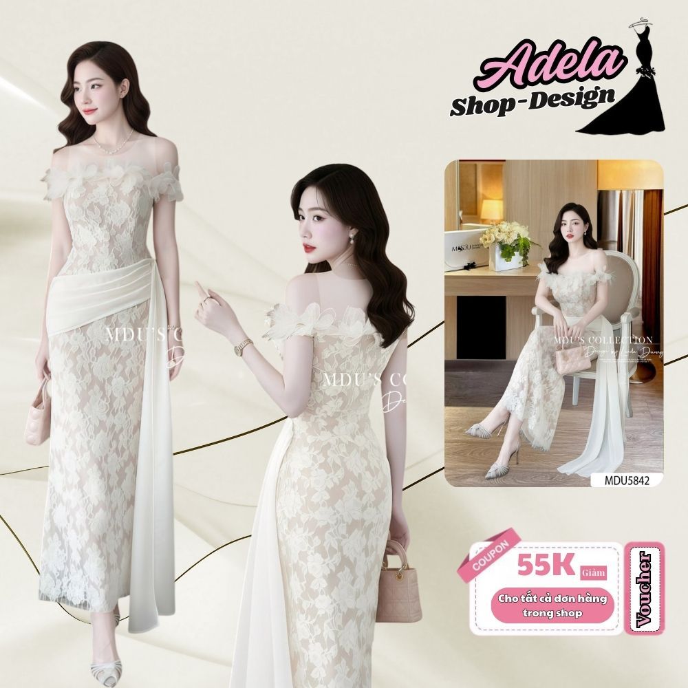 Váy Thiết Kế ADELA DESIGN Ren Kem Tinh Khôi Dáng Midi Trễ Vai Đính Dây Hoa Xẻ Tà Thanh Lịch Dự Tiệc MDU5842