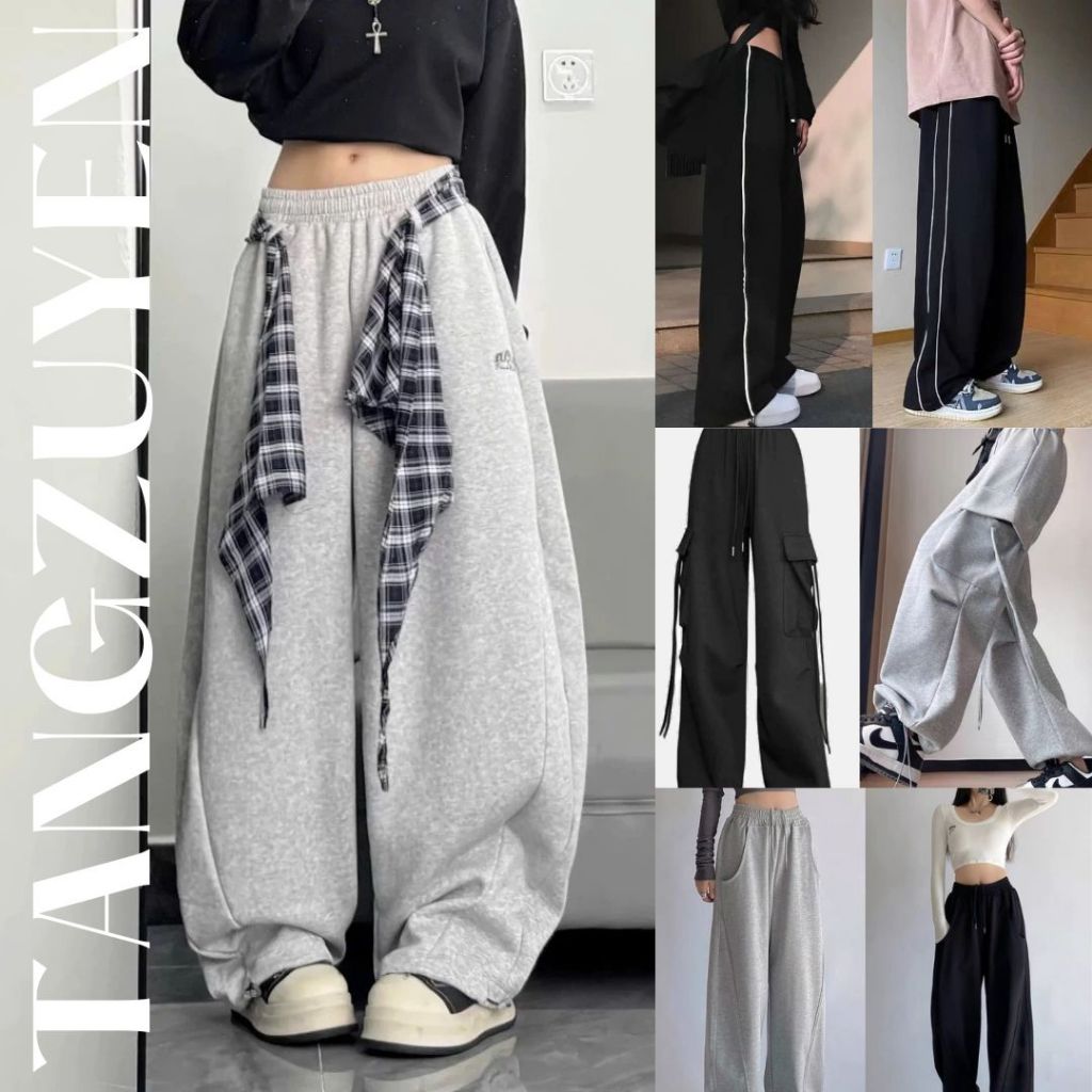 Quần ống rộng nam nữ cạp chun dây rút thể thao Quần ống suông thể dục cá tính đường phố unisex T383G unisex basic