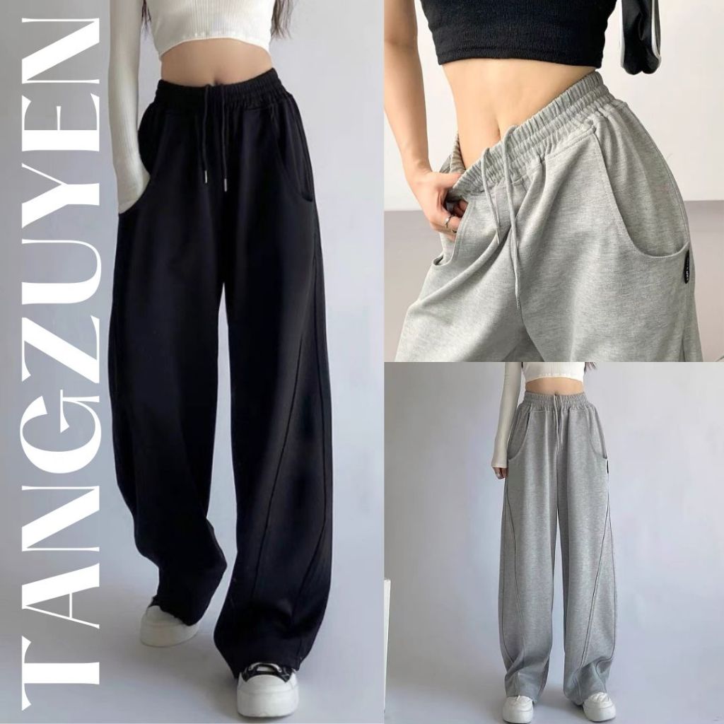 Quần ống trộng dây rút trơn nhấn li cạp chun basic chất nỉ bc cotton Quần ống suông thể thao trẻ trung T388G