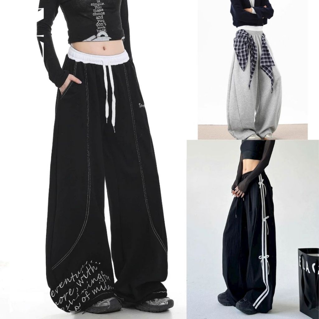 Quần dài ống rộng phối cạp trắng đen nam nữ có dây rút thêu chữ seven Quần ống suông unisex đen xám basic T665G