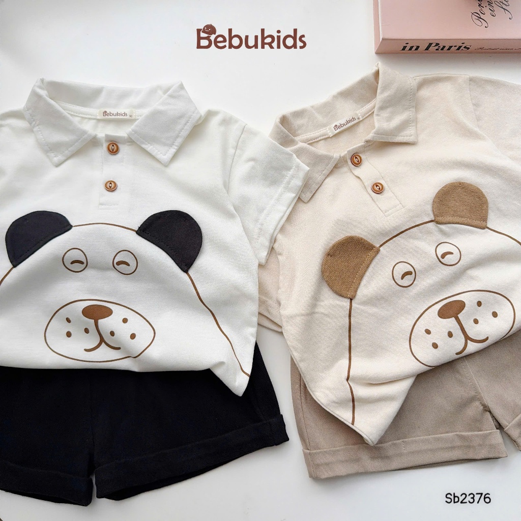 Set polo cộc tay Bebukids họa tiết in chú gấu ngộ nghĩnh cho bé trai 8-21kg