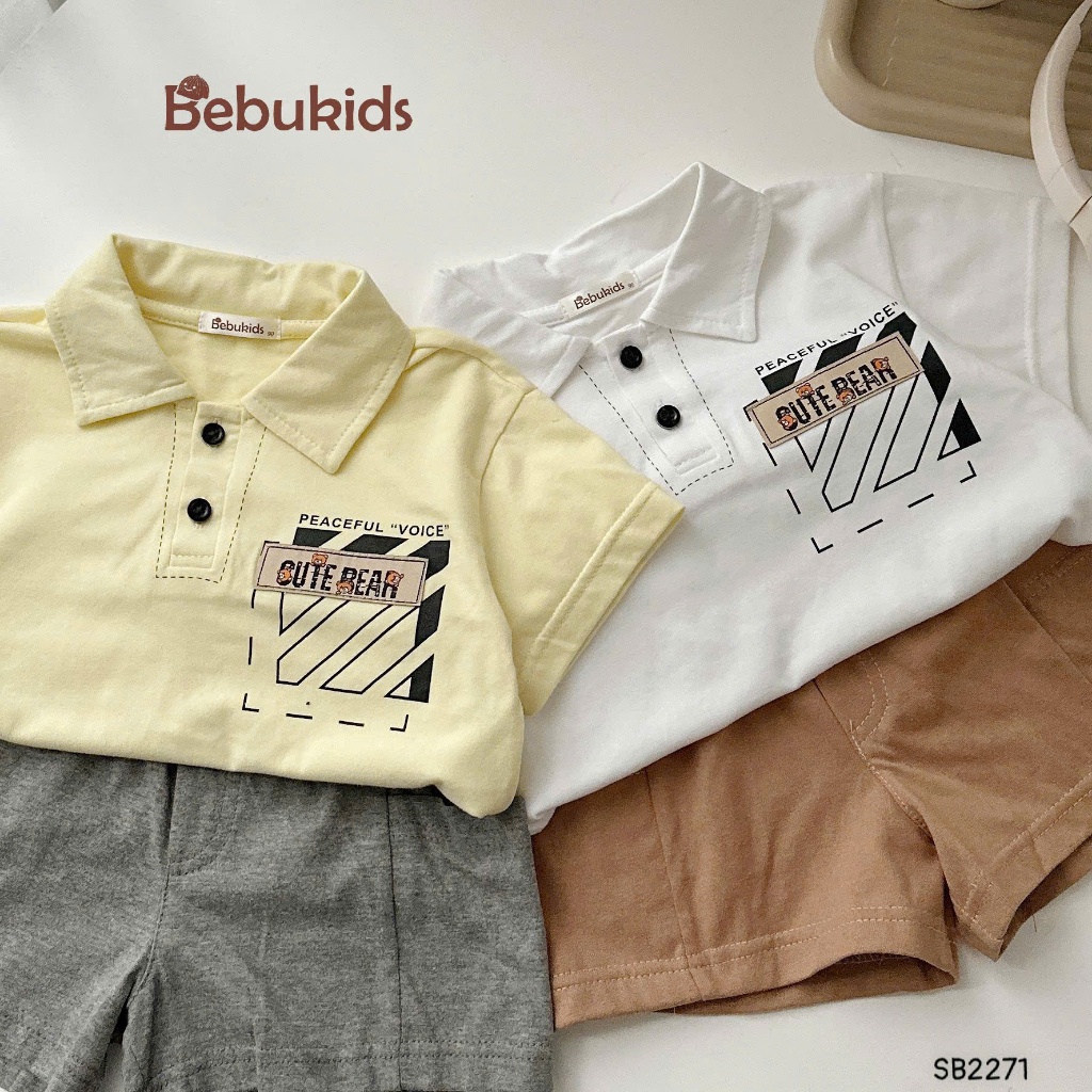 Set polo cộc tay Cute Bear Bebukids chất liệu cotton 2 chiều co giãn tốt cho bé trai 8-21kg