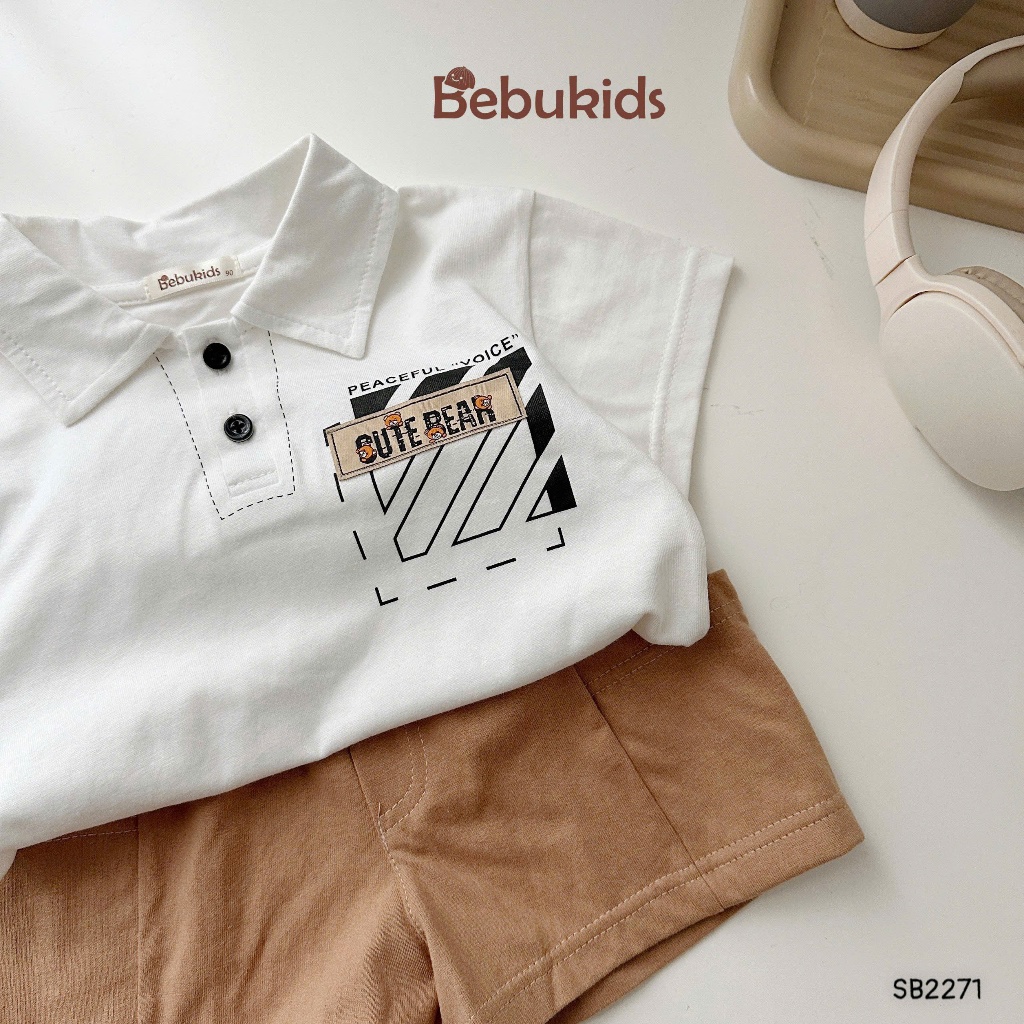 Set polo cộc tay Cute Bear Bebukids chất liệu cotton 2 chiều co giãn tốt cho bé trai 8-21kg