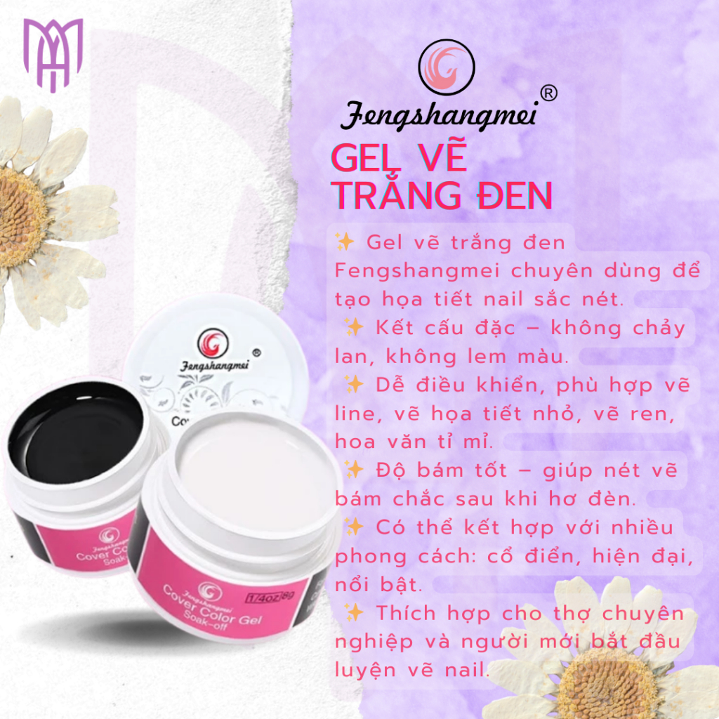 [Mua5Tặng 1] Gel Vẽ Móng Trắng Đen Fengshangmei Cao Cấp - Trang Trí, Vẽ Sọc Caro - Chất Mịn, Đặc 8g
