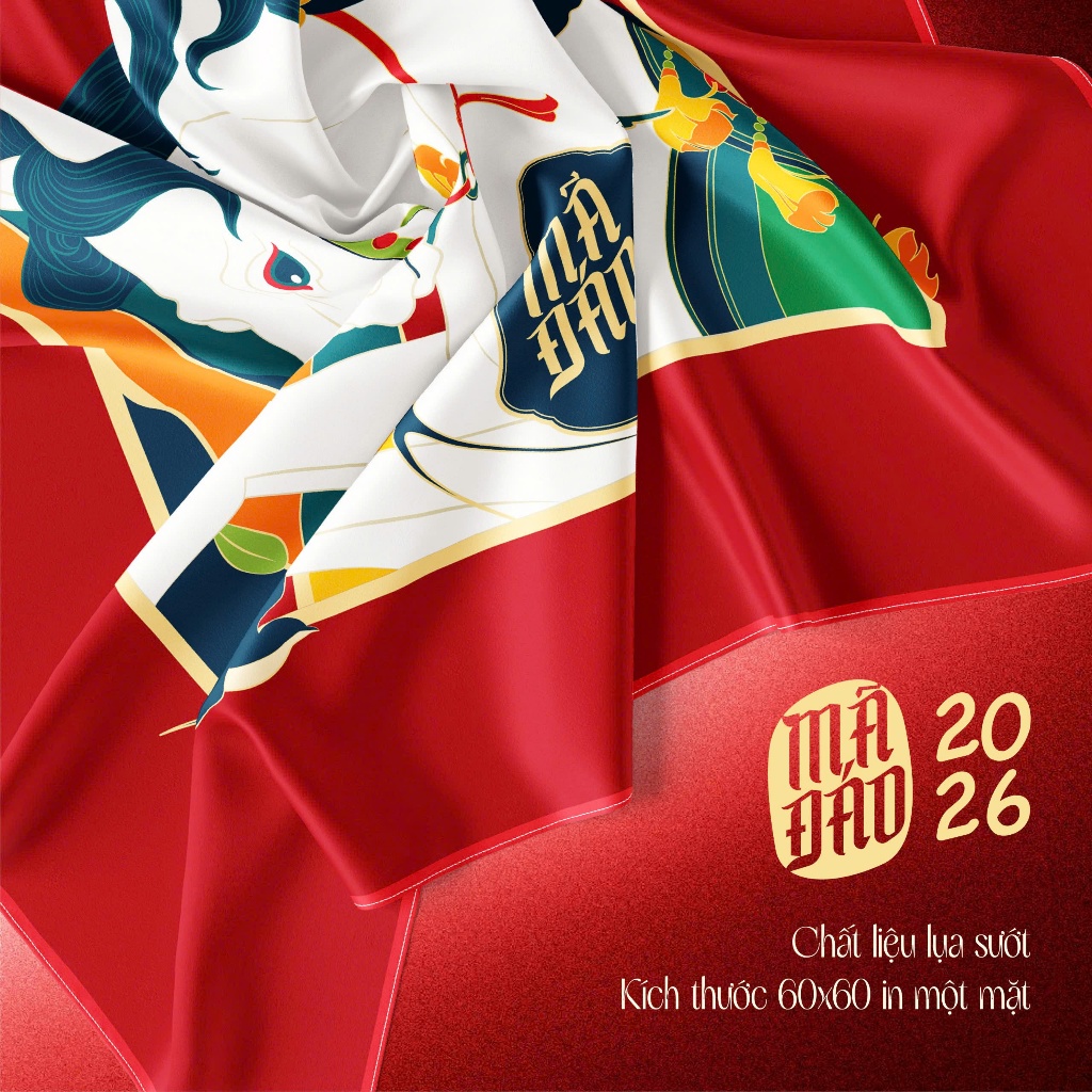 Khăn Bandana Tết Mã Đáo Nguyên Sắc – Khăn Lụa Vuông Trang Trí & Quà Tặng Tết 2026