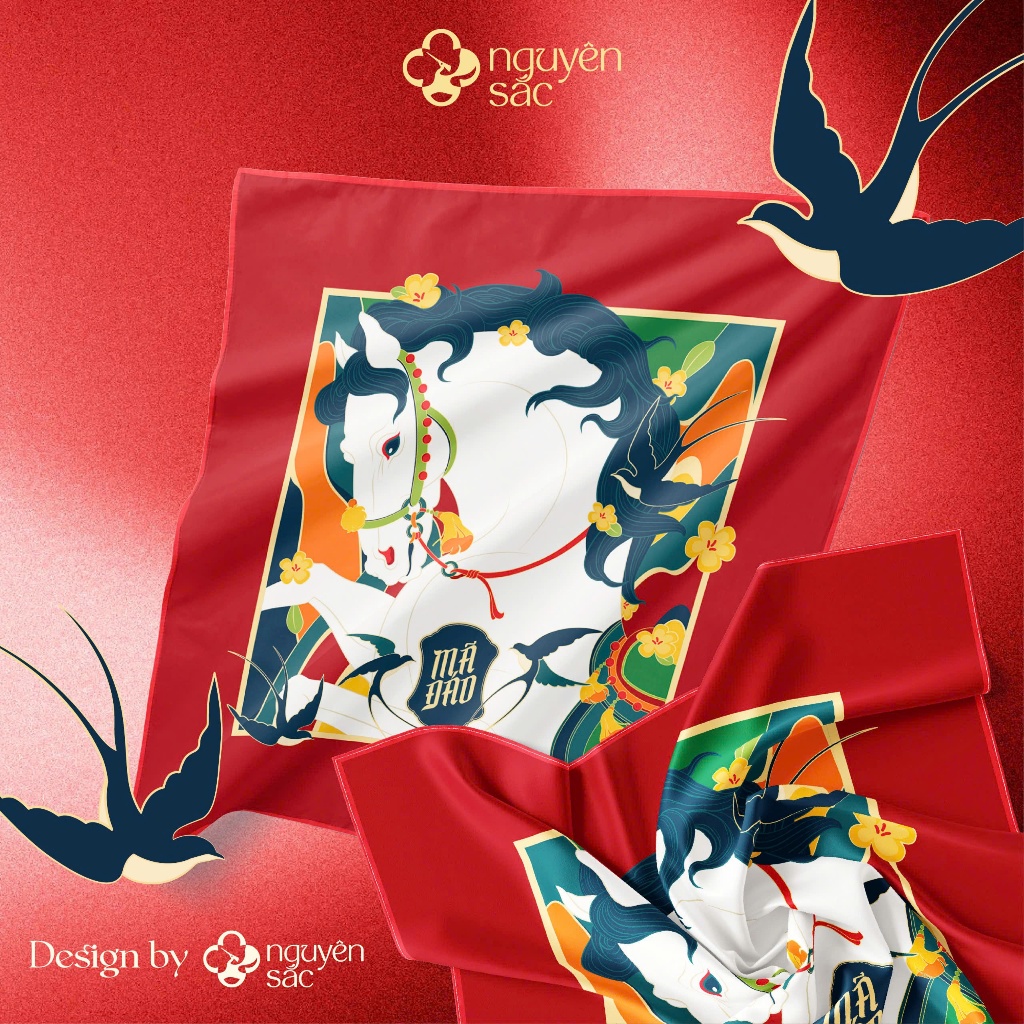 Khăn Bandana Tết Mã Đáo Nguyên Sắc – Khăn Lụa Vuông Trang Trí & Quà Tặng Tết 2026
