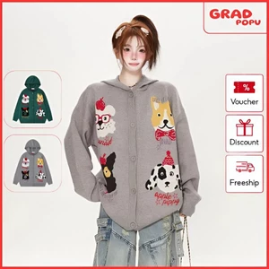Áo khoác GRADPOPU dệt kim thêu hình chú chó hoạt hình vui nhộn kiểu dáng thanh lịch thoải mái AK373