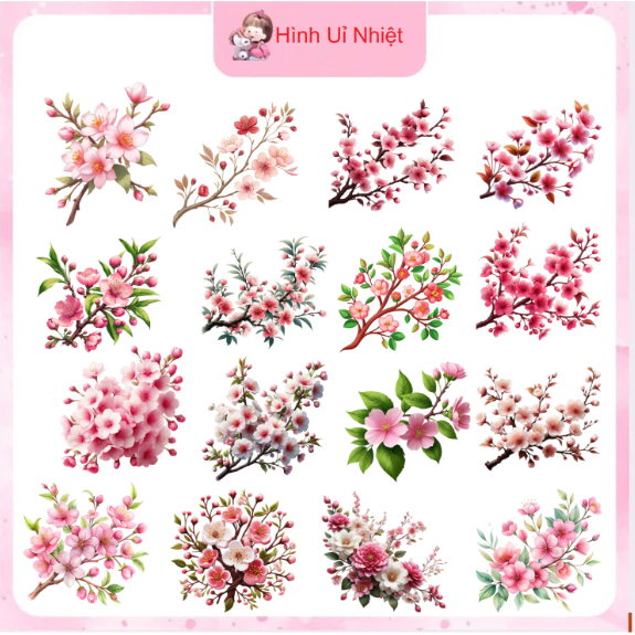 Hình in pet ủi nhiệt quần áo mẫu HOA ĐÀO MÙA XUÂN ủi tại nhà bằng bàn ủi khô,nhiều mẫu nhiều size