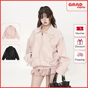Áo khoác da nữ GRADPOPU họa tiết trái tim ngọt ngào và thời thượng, phong cách Hàn Quốc mới AK375