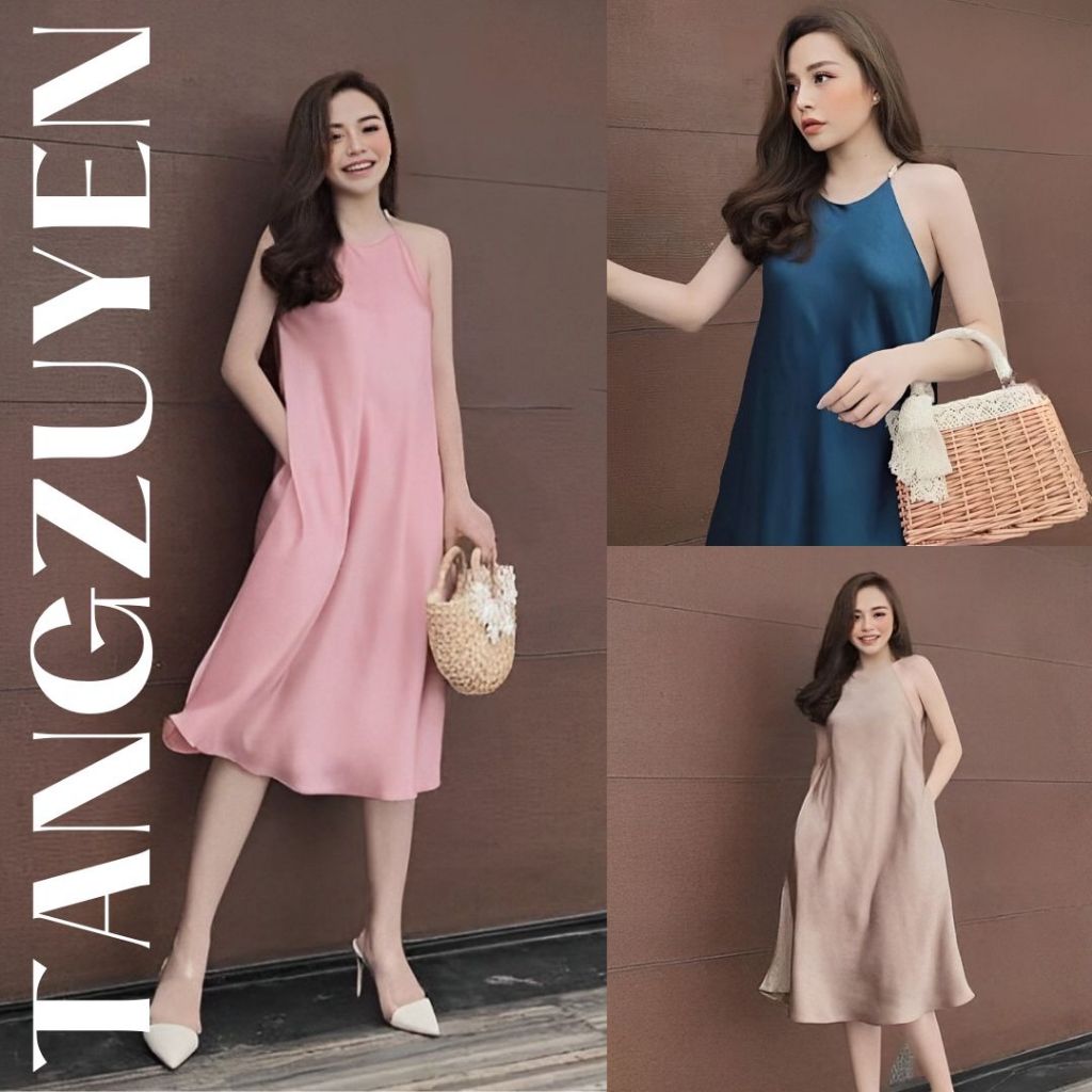 Váy cổ yếm chất lụa dáng xuông form rộng không tay Đầm bầu dáng lỡ bigsize oversize sang trọng màu trơn T638G TANGZUYEN