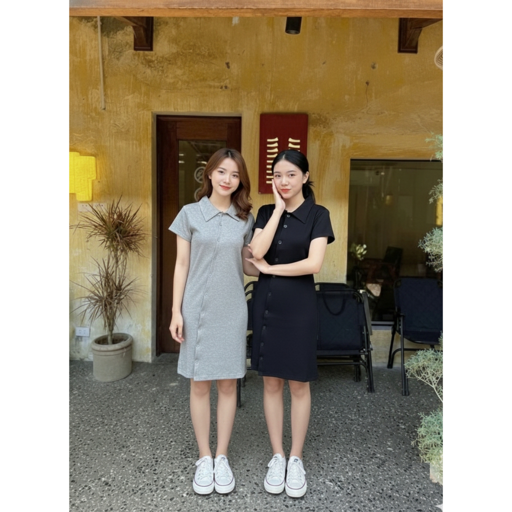 Váy thun polo cộc tay cài chéo V053 Đầm nữ dạng phông ôm body cổ bẻ cúc chéo đi học đi chơi