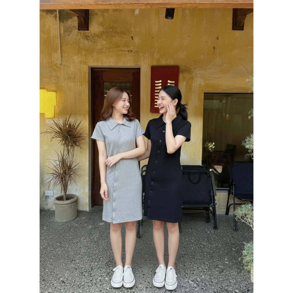 Váy thun polo cộc tay cài chéo V053 Đầm nữ dạng phông ôm body cổ bẻ cúc chéo đi học đi chơi