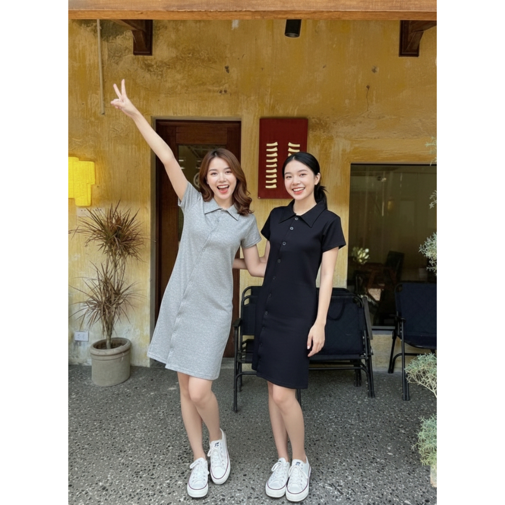 Váy thun polo cộc tay cài chéo V053 Đầm nữ dạng phông ôm body cổ bẻ cúc chéo đi học đi chơi