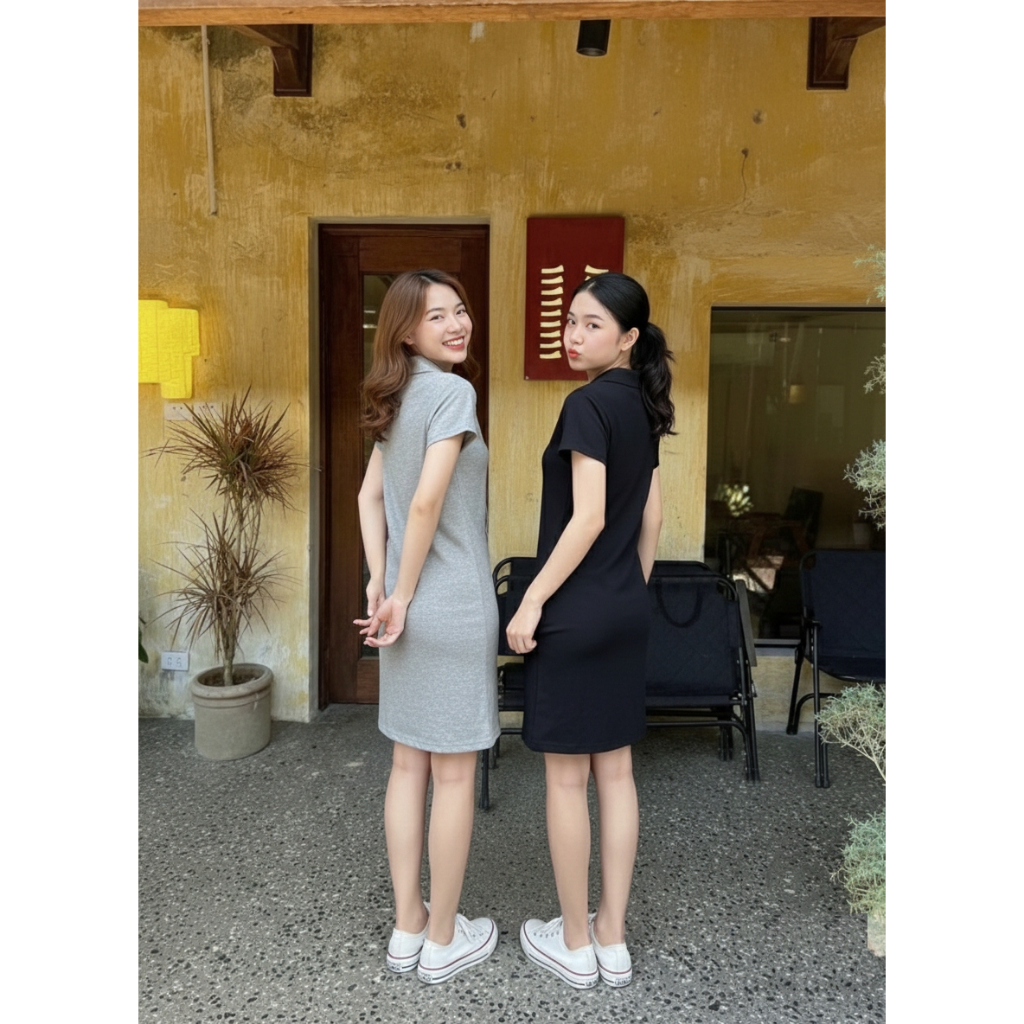 Váy thun polo cộc tay cài chéo V053 Đầm nữ dạng phông ôm body cổ bẻ cúc chéo đi học đi chơi