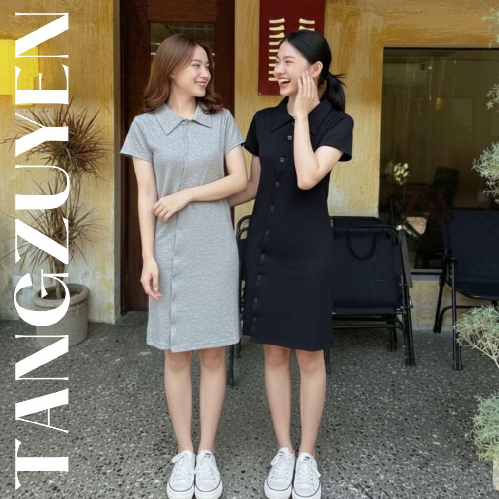 Váy thun polo cộc tay cài chéo V053 Đầm nữ dạng phông ôm body cổ bẻ cúc chéo đi học đi chơi