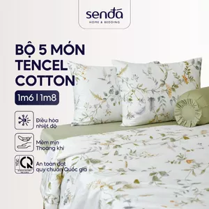 Bộ chăn ga gối 5 món Lụa Tencel Cotton Sen Đá Home Bedding cao cấp họa tiết, Set giường nệm 1m6 1m8