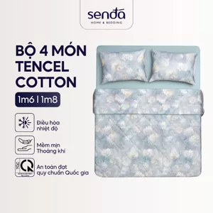 Bộ chăn ga gối 4 món Lụa Tencel Cotton Sen Đá Home Bedding cao cấp họa tiết, Set chăn chần bông 1m6 1m8
