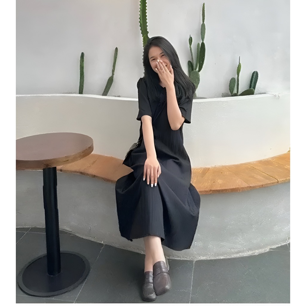 Váy sơ mi cộc tay dáng suông form rộng cúc cổ chất đũi gân basic vintage Đầm nữ che khuyết điểm bigsize bầu xinh T131G