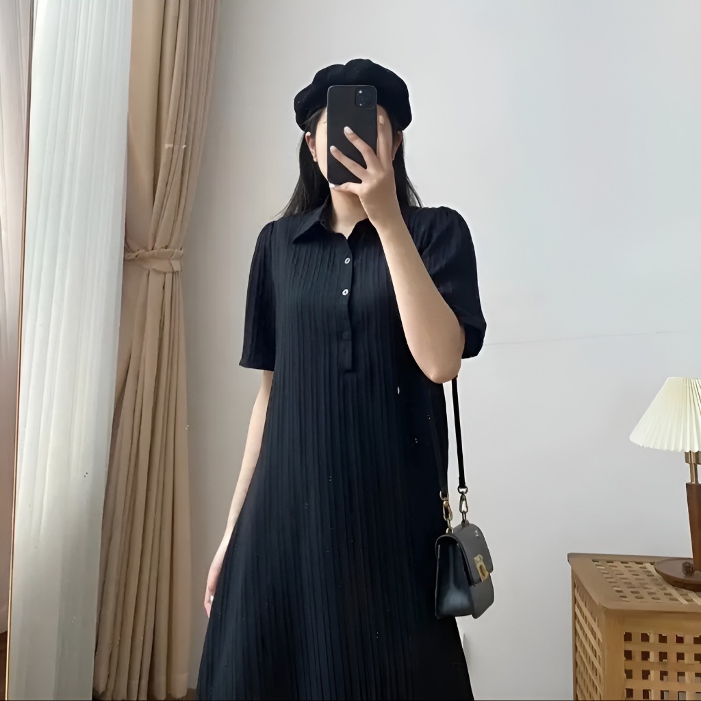 Váy sơ mi cộc tay dáng suông form rộng cúc cổ chất đũi gân basic vintage Đầm nữ che khuyết điểm bigsize bầu xinh T131G
