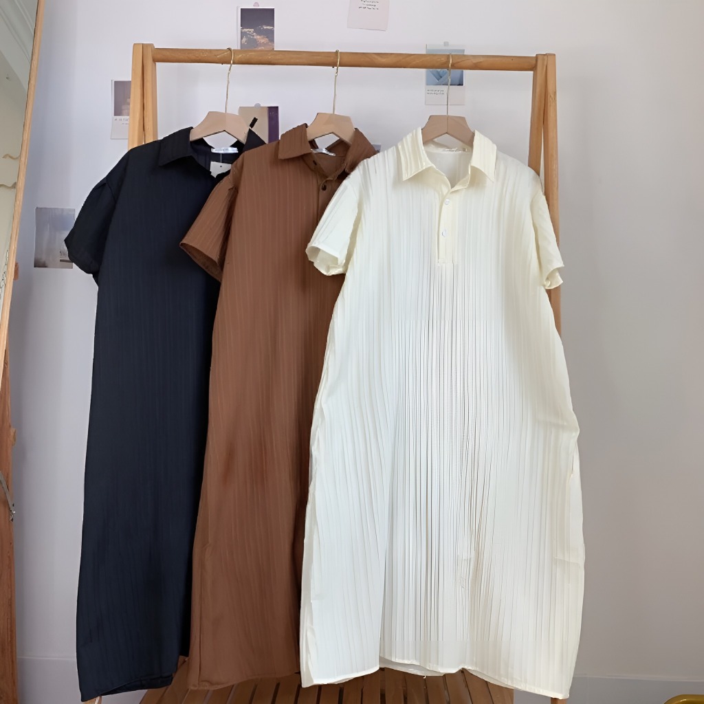 Váy sơ mi cộc tay dáng suông form rộng cúc cổ chất đũi gân basic vintage Đầm nữ che khuyết điểm bigsize bầu xinh T131G