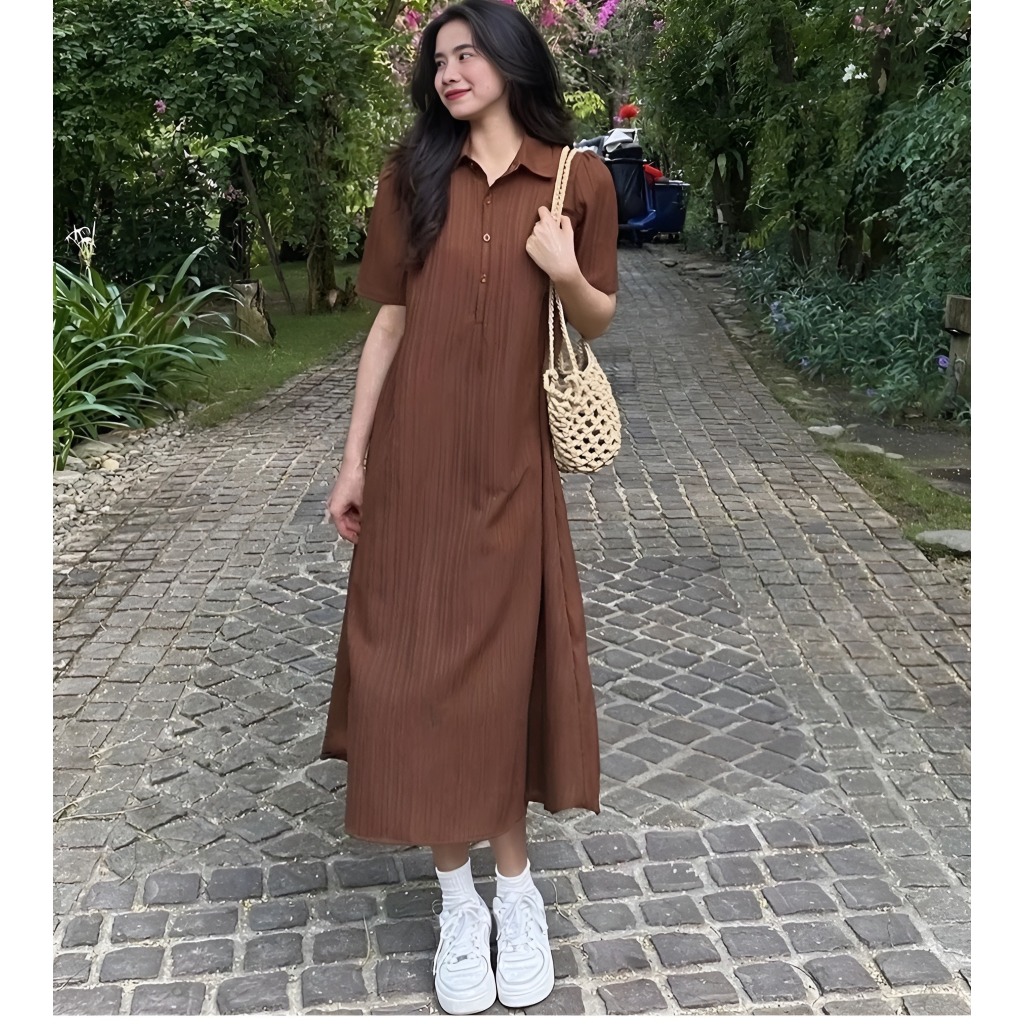 Váy sơ mi cộc tay dáng suông form rộng cúc cổ chất đũi gân basic vintage Đầm nữ che khuyết điểm bigsize bầu xinh T131G