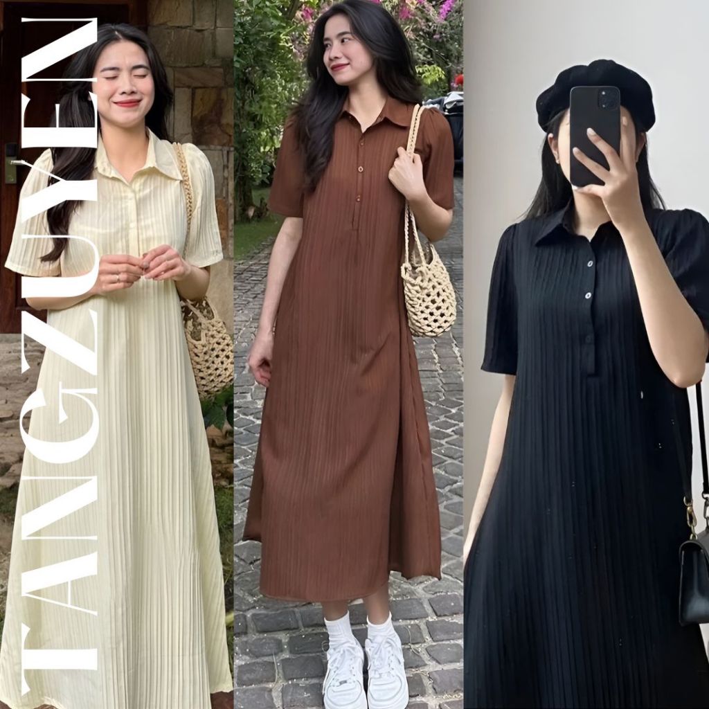 Váy sơ mi cộc tay dáng suông form rộng cúc cổ chất đũi gân basic vintage Đầm nữ che khuyết điểm bigsize bầu xinh T131G