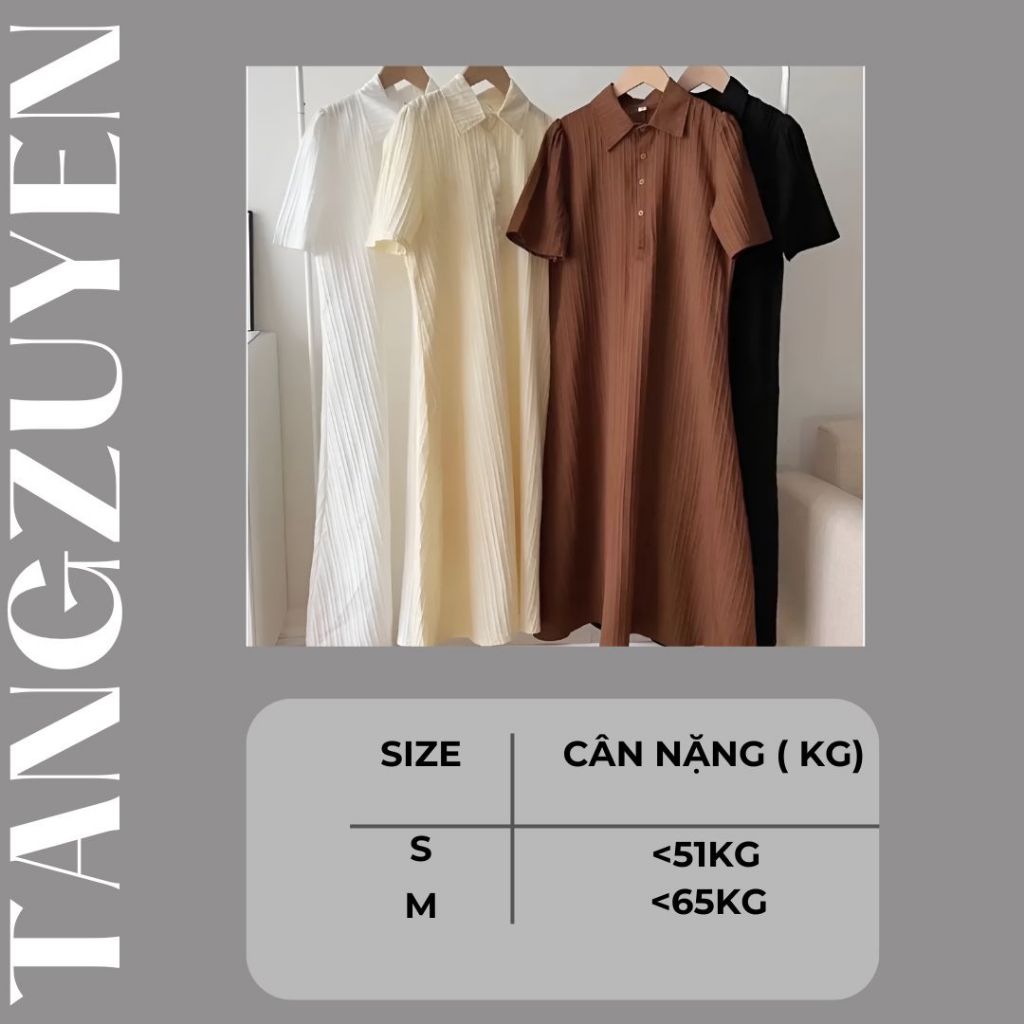 Váy sơ mi cộc tay dáng suông form rộng cúc cổ chất đũi gân basic vintage Đầm nữ che khuyết điểm bigsize bầu xinh T131G