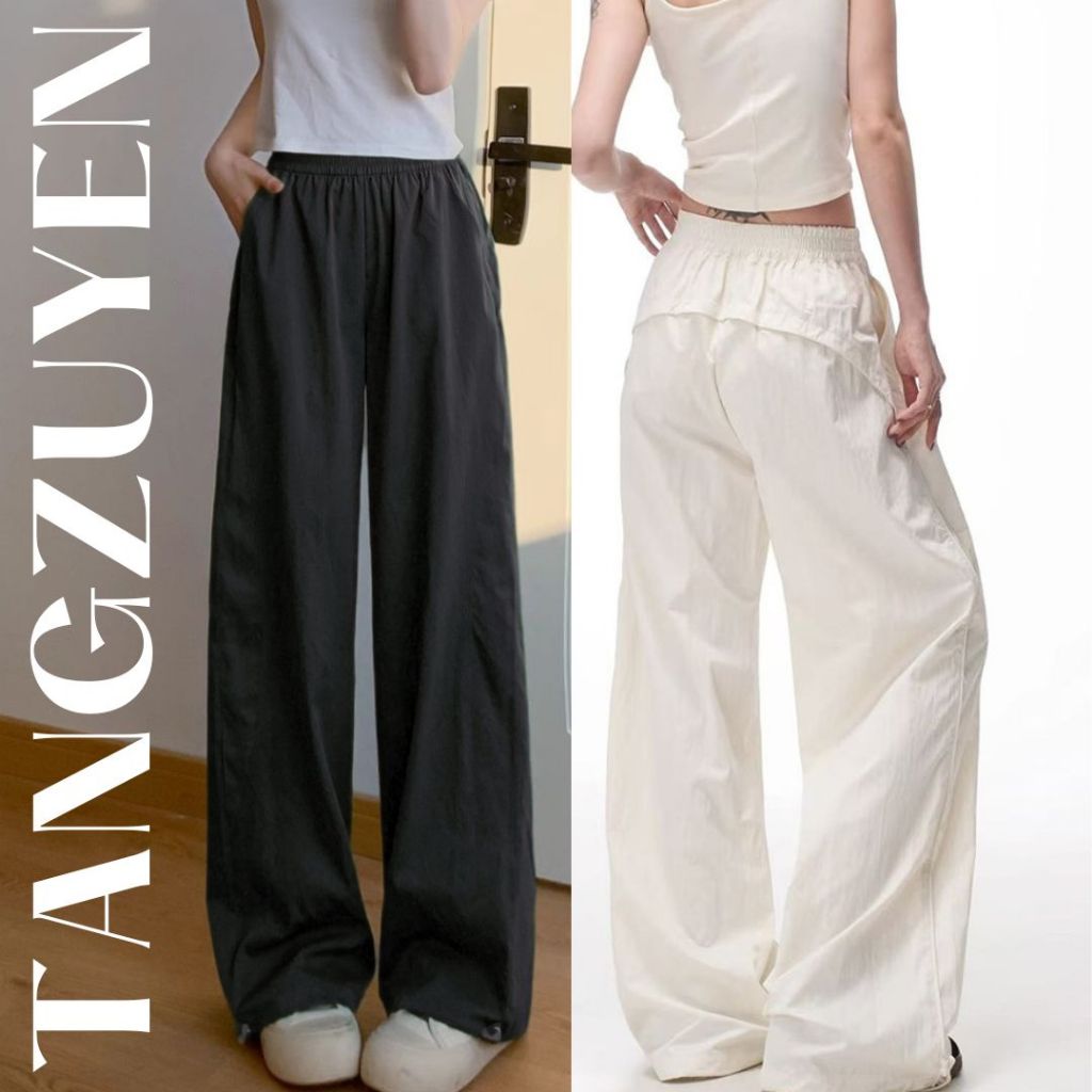Quần ống rộng nam nữ suông viền sau chất gió có chốt gấu cạp chun đen trắng Quần dài basic đi học đi chơi trẻ T1389G