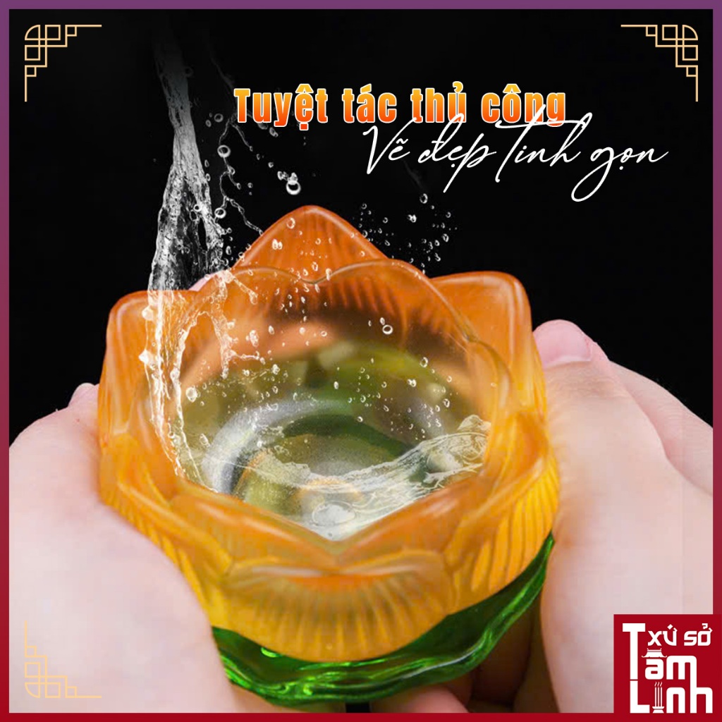 [Tặng Đế Hoa Sen] Chân Đèn Thủy Tinh Lưu Ly Hoa Sen Cúng Phật Đựng Viên Nén Nhiều Màu Sắc - Xứ Sở Tâm Linh