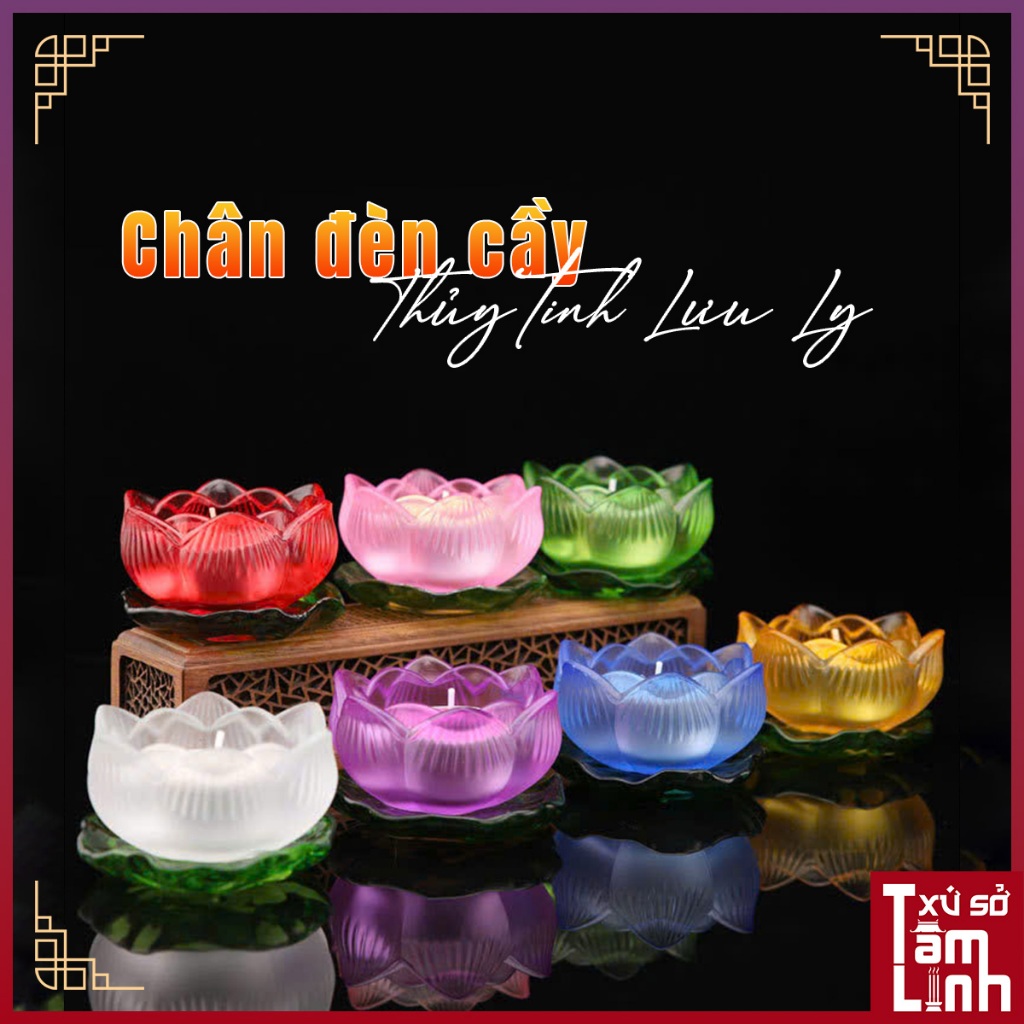 [Tặng Đế Hoa Sen] Chân Đèn Thủy Tinh Lưu Ly Hoa Sen Cúng Phật Đựng Viên Nén Nhiều Màu Sắc - Xứ Sở Tâm Linh