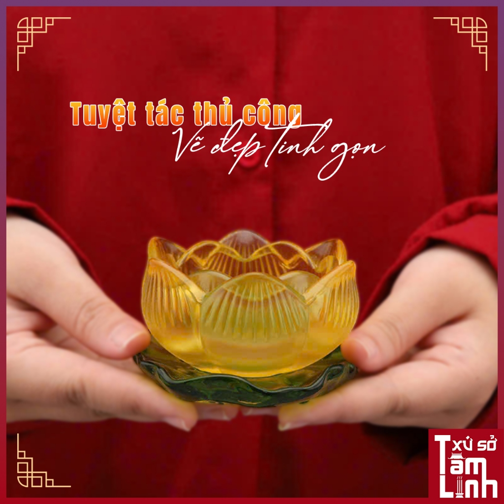 [Tặng Đế Hoa Sen] Chân Đèn Thủy Tinh Lưu Ly Hoa Sen Cúng Phật Đựng Viên Nén Nhiều Màu Sắc - Xứ Sở Tâm Linh
