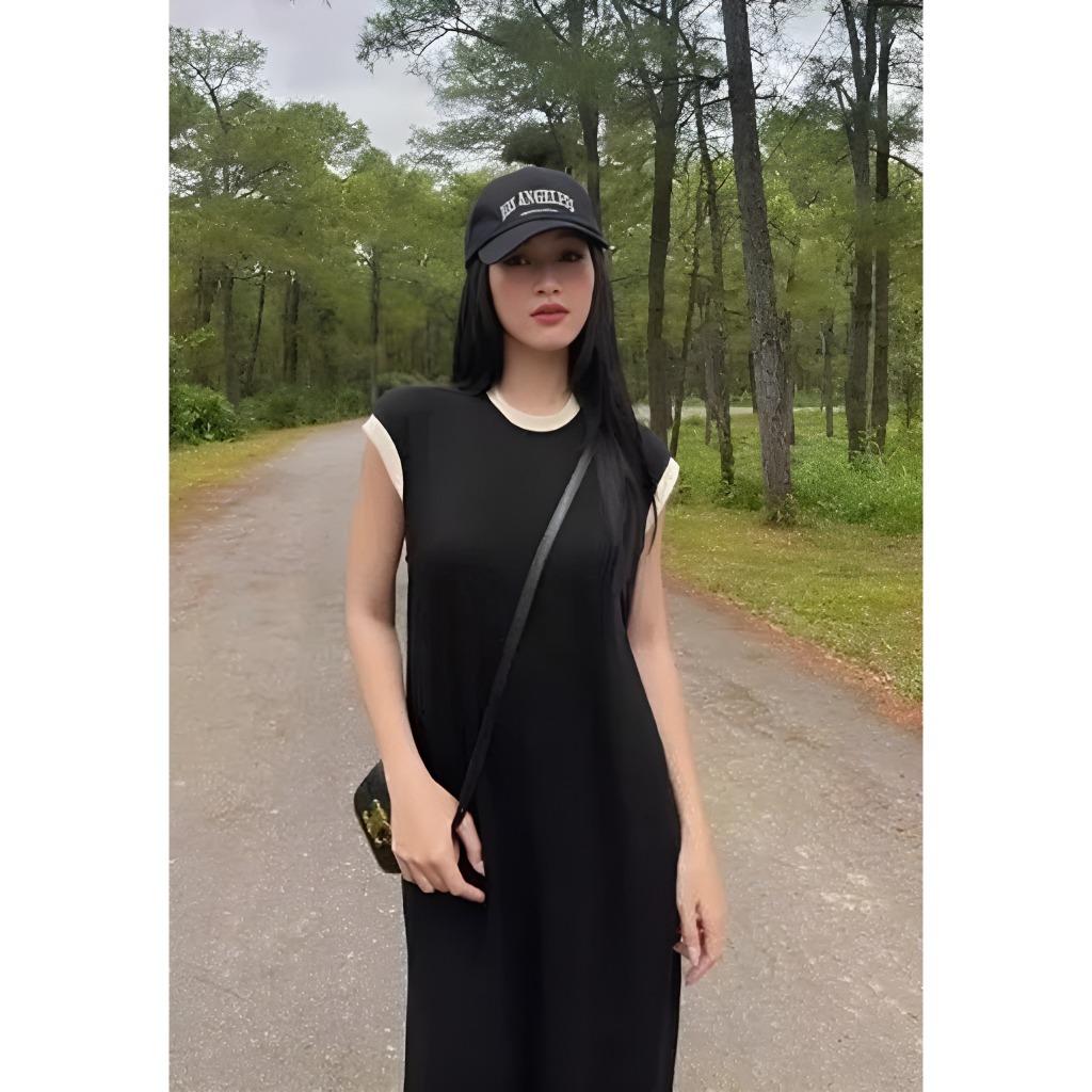 Váy nữ dài dáng chữ A cộc tay không cổ viền màu form rộng vintage Đầm maxi cổ tròn ngắn tay xòe basic bigsize bầu T134G