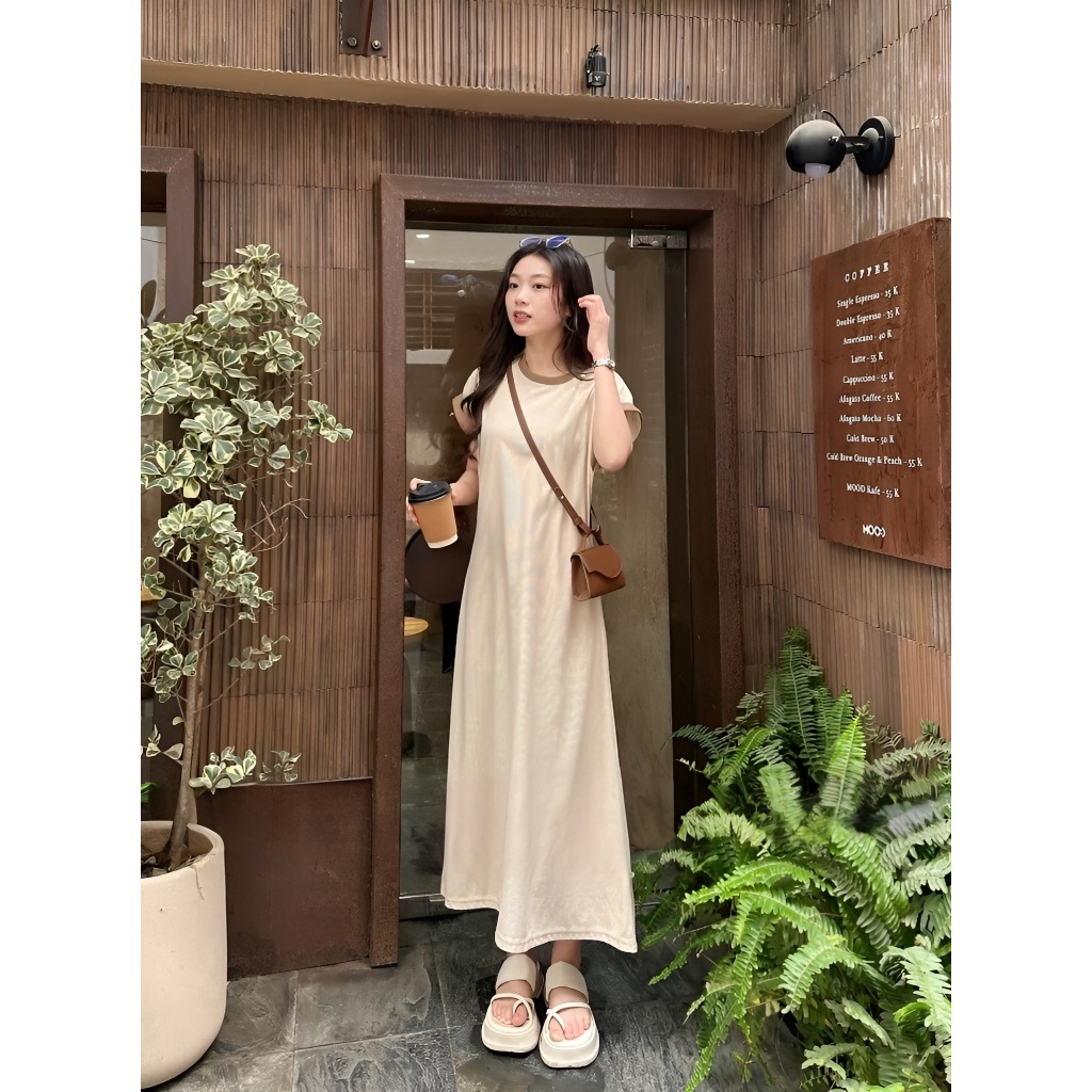 Váy nữ dài dáng chữ A cộc tay không cổ viền màu form rộng vintage Đầm maxi cổ tròn ngắn tay xòe basic bigsize bầu T134G