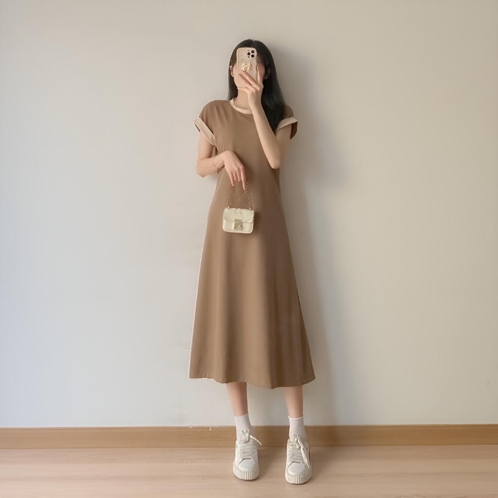 Váy nữ dài dáng chữ A cộc tay không cổ viền màu form rộng vintage Đầm maxi cổ tròn ngắn tay xòe basic bigsize bầu T134G