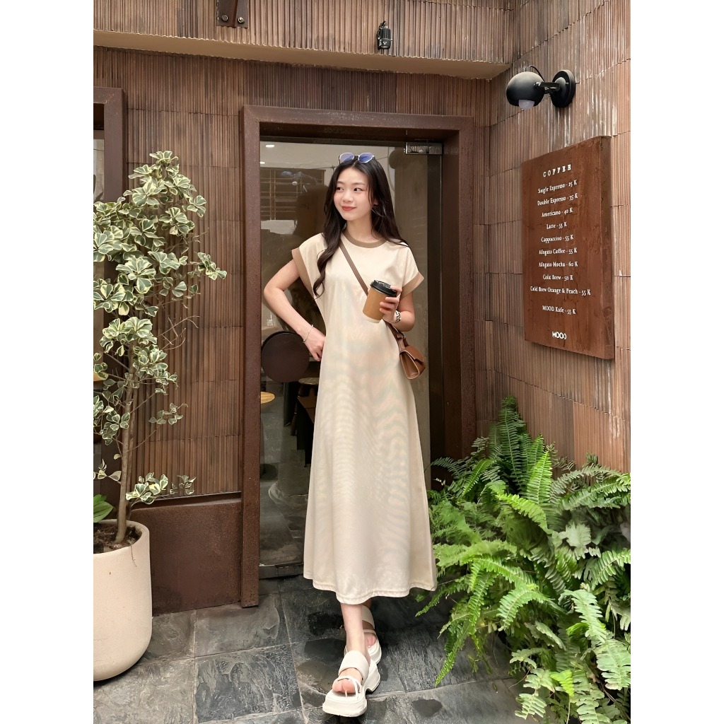 Váy nữ dài dáng chữ A cộc tay không cổ viền màu form rộng vintage Đầm maxi cổ tròn ngắn tay xòe basic bigsize bầu T134G